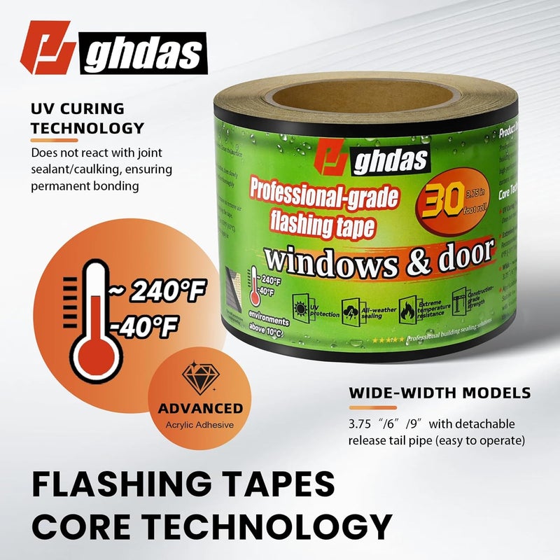 Bghdas Flashing Tape, 3.75" x 30', Industrial Strength for Windows, Doors, Weather-Resistant, UV-Resistant, Tear-Resistant, Advanced Acrylic Adhesive, Black - Image 2